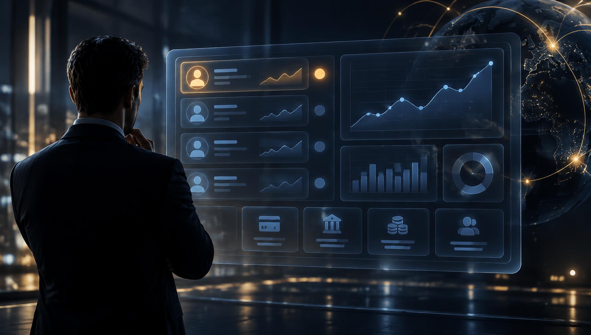 A customer leader watching a translucent dashboard where a single amber signal lights up before the others